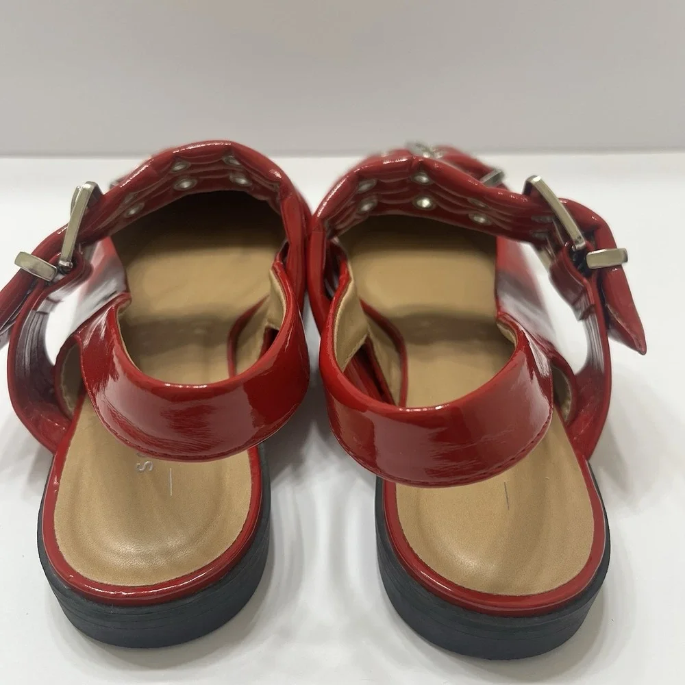 Steve Madden  Graya Flats Red Patent Chunky Buckles Silver Grommets Pointed